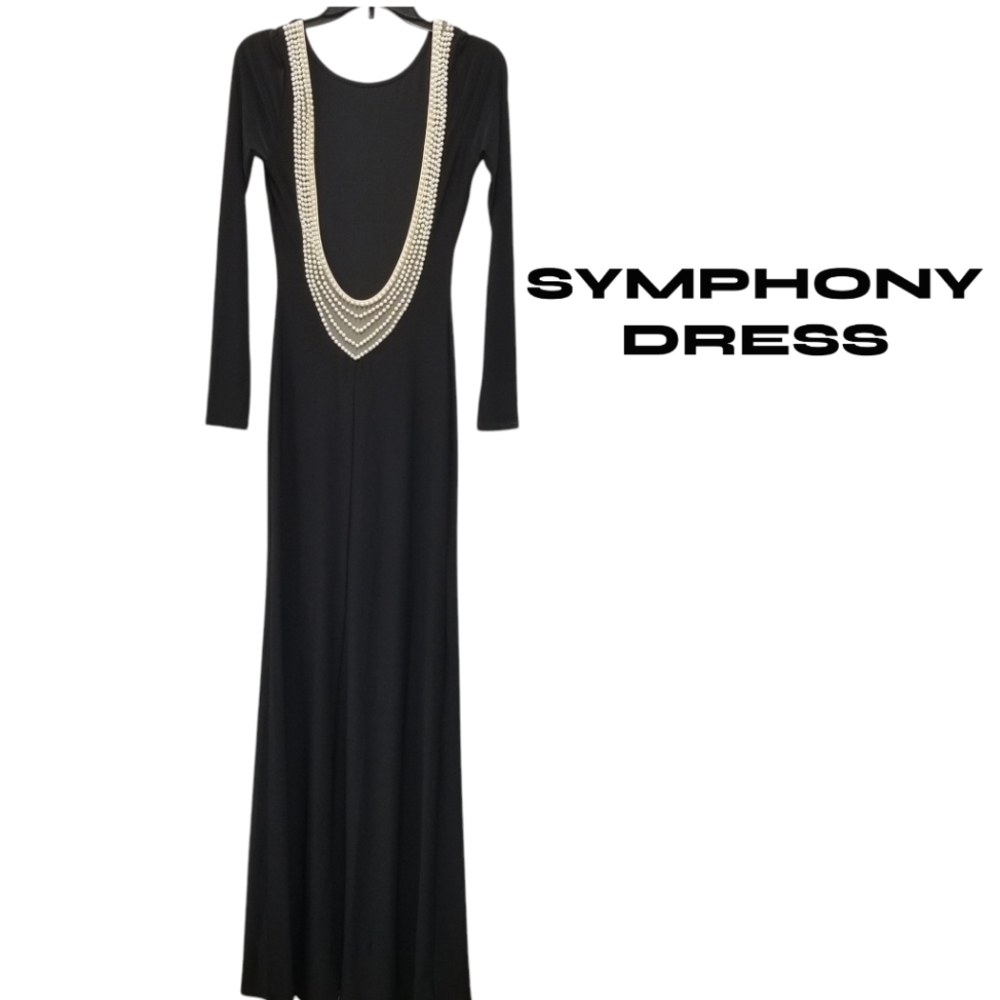 Symphony plunging v multi layered pearl beaded back Black Dress